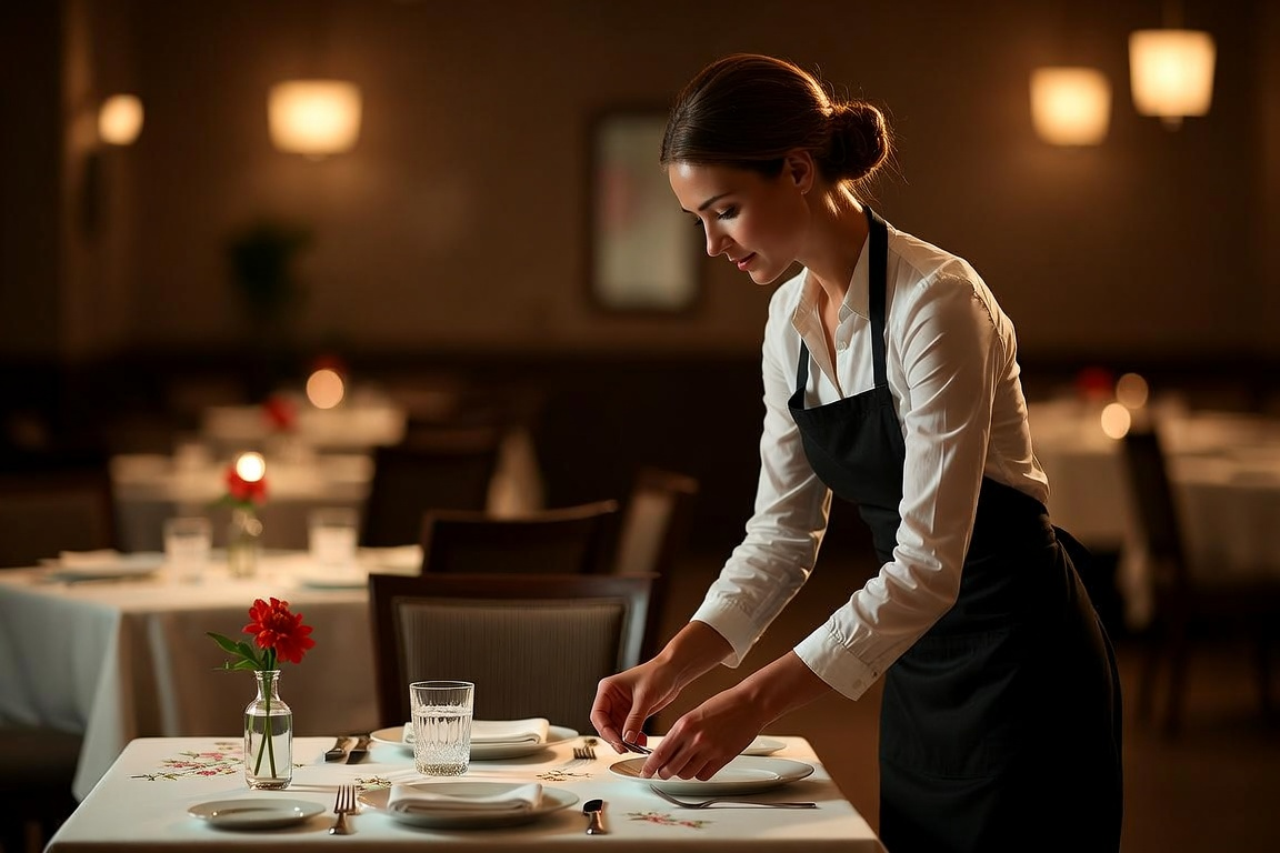 Server carefully setting a table in an elegant candlelit restaurant