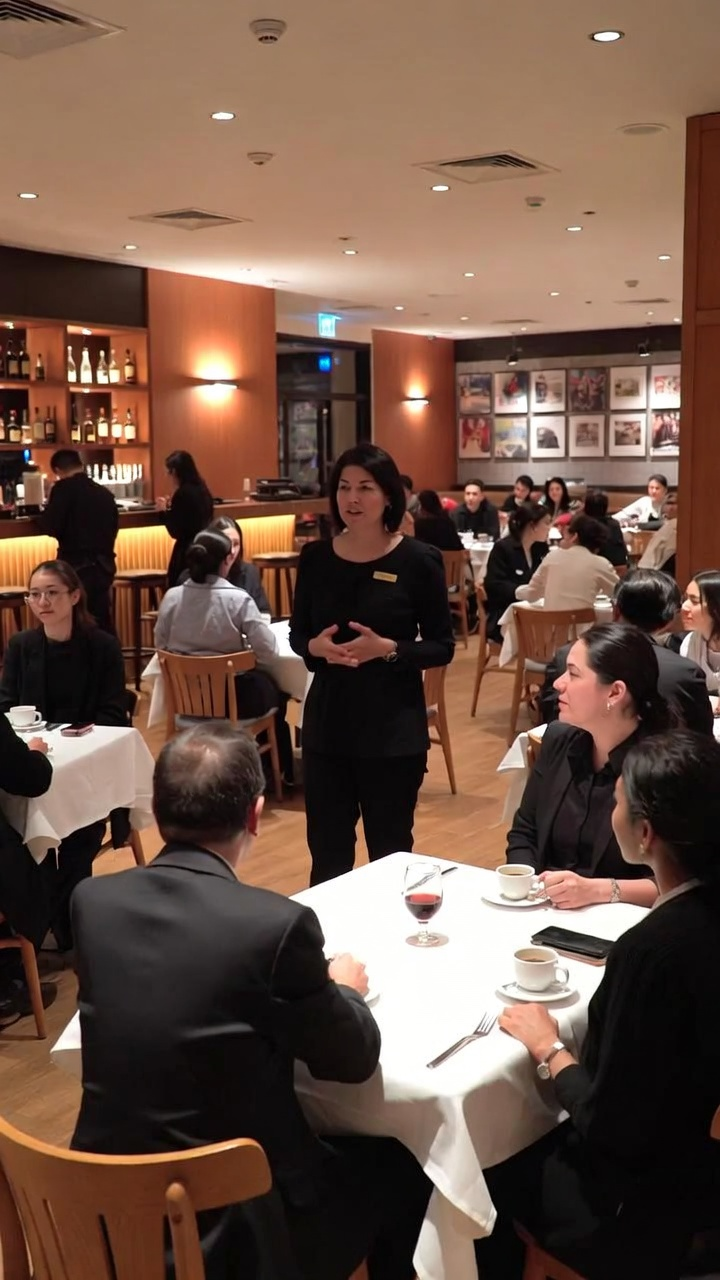 Lisa Albright leading a hospitality coaching session with restaurant managers and servers in a warm dining room