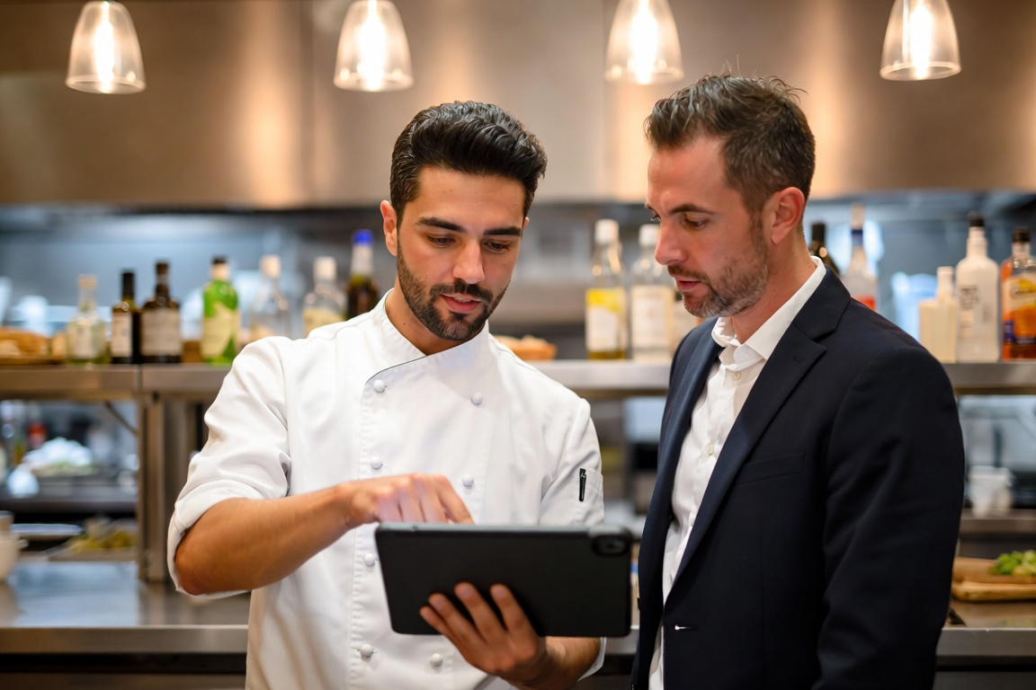 Restaurant manager and chef reviewing service plans on a tablet in a professional kitchen