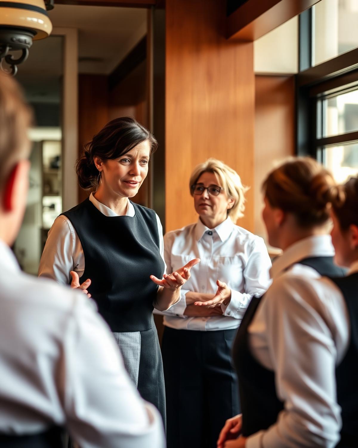 Lisa Albright coaching restaurant servers during a pre-shift training
